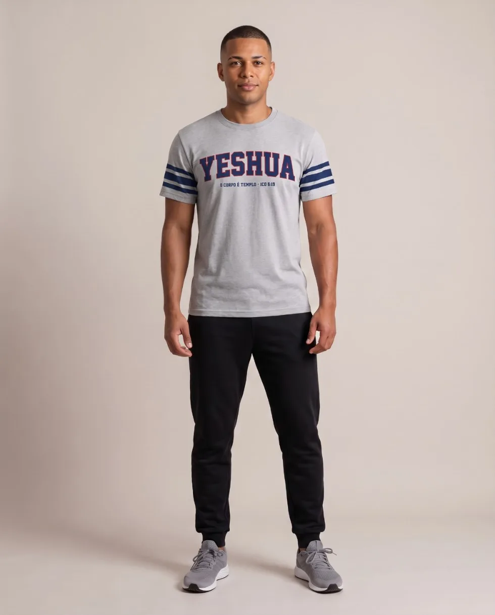 Camiseta Liga normal, Cinza mescla, YESHUA marinho