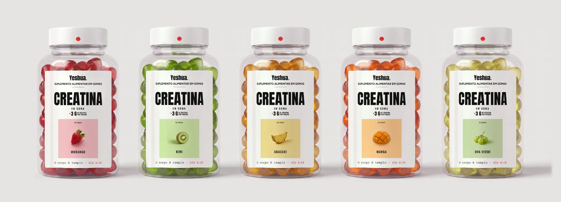 Creatina em goma Yeshua nos sabores morango, kiwi, abacaxi, manga e uva verde